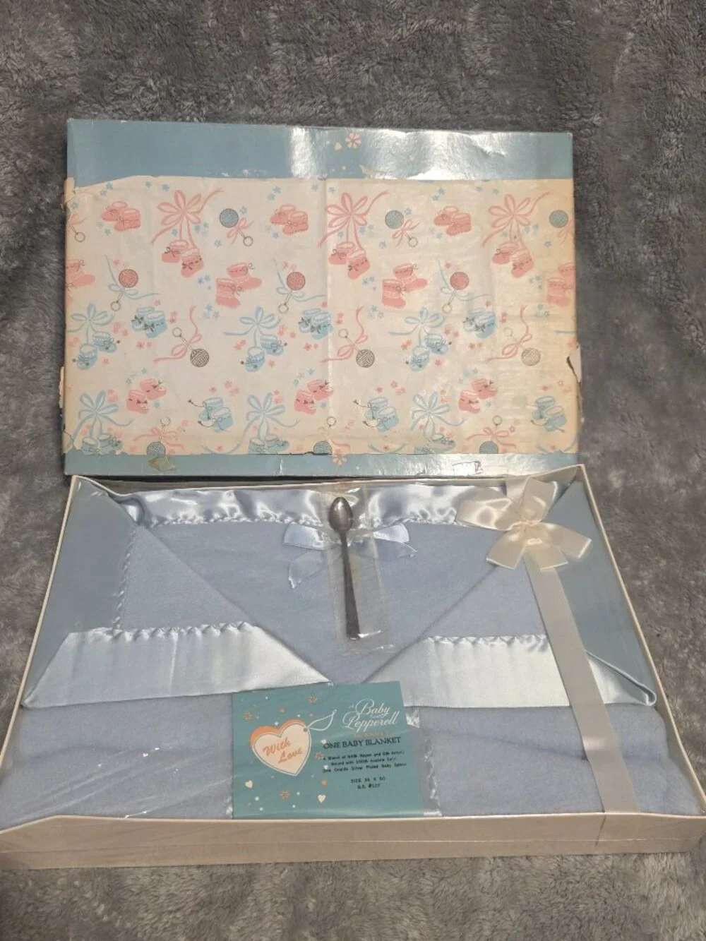 Vintage Baby Blanket Pastel Satin Trim Boy Blue silver spoon